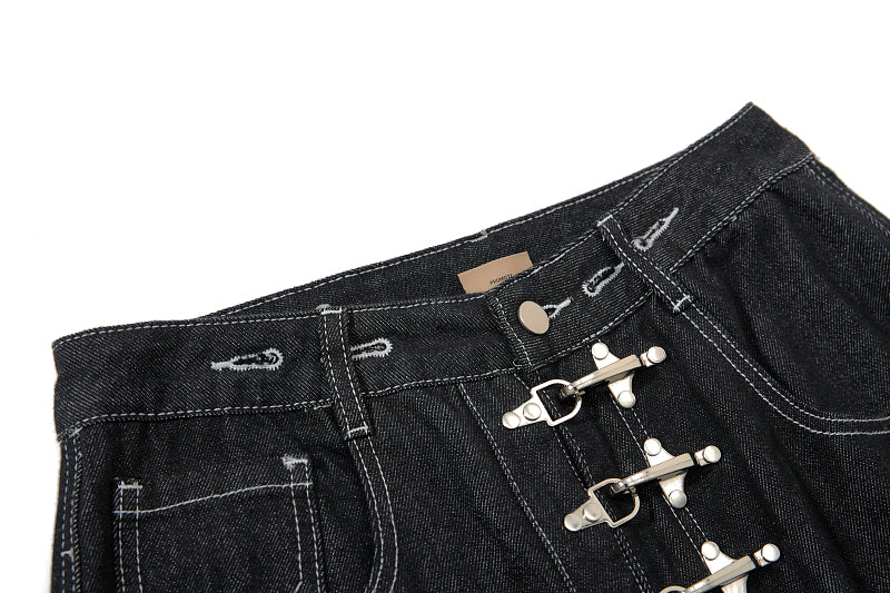 Yiaknis Black Denim Overalls with Toggle Fastening - Black Denim