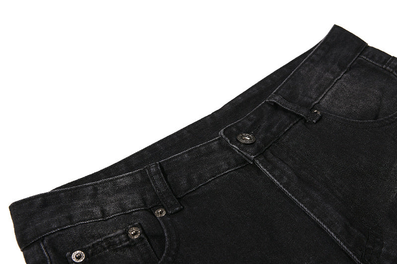 Yiaknis Black Washed Flared Jeans with Leopard Pattern, Black