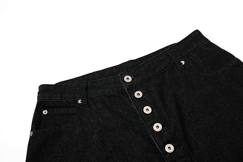 Yiaknis Wide-Leg Cropped Denim Trousers, Button Placket, Black – photo 6