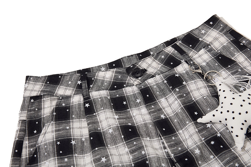 Yiaknis Black and White Plaid Wide-Leg Cropped Trousers, Star Print