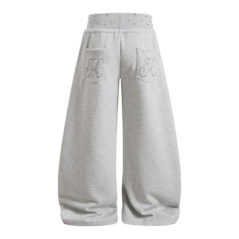 Yiaknis Wide-Leg Sweatpants, Studded Side Lines, Light Grey and Black