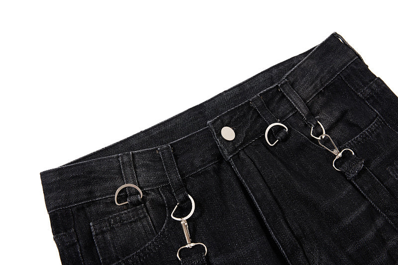 Yiaknis Black Washed Flared Jeans with Buckle Straps