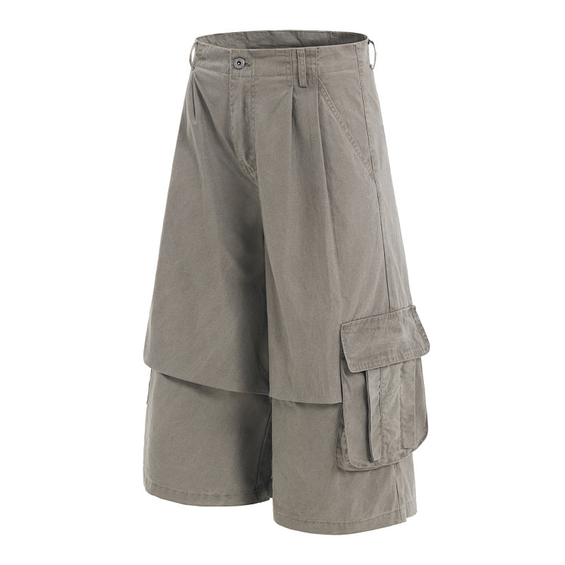 Yiaknis A-Line Cropped Trousers, Cargo Pockets, Grey and Light Grey