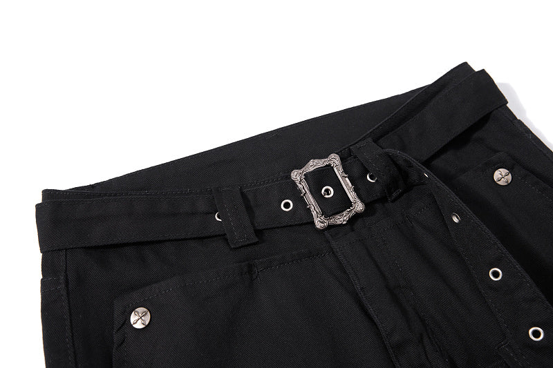 Yiaknis Black Flared Jeans with Buckle Leg Straps