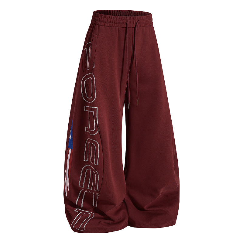 Yiaknis Wide-Leg Sweatpants, Letter Print, Burgundy and Black