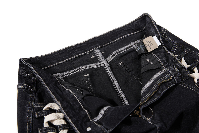 Yiaknis Black Washed Curved-Leg Jeans with Lace-Up Sides, Black