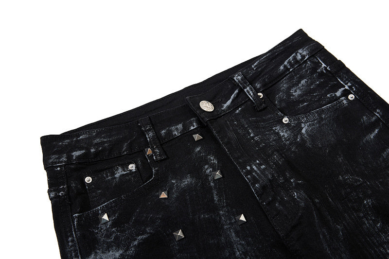 Yiaknis Black Washed Flared Jeans with Leg Studs