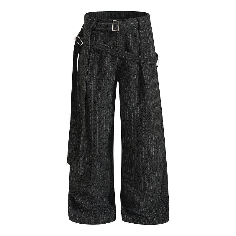 Yiaknis Black and Light Grey Pinstripe Wide-Leg Trousers, Belt Strap
