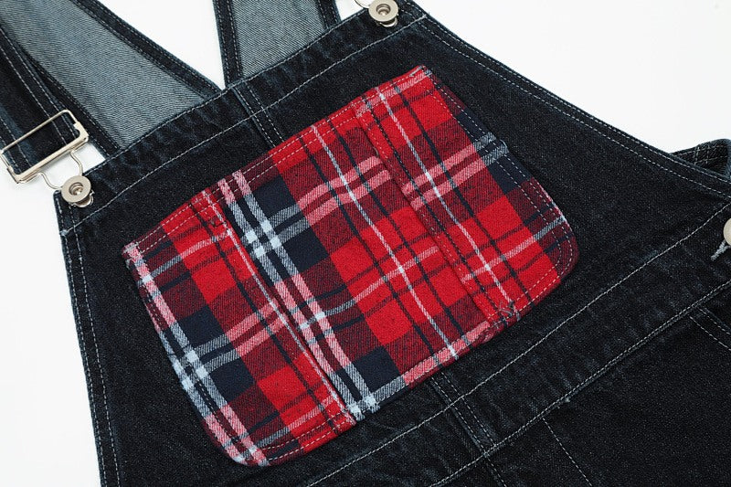 Yiaknis Dark Denim Overalls with Red Plaid Pockets and Cuffs