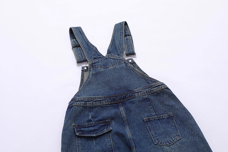 Yiaknis Wide-Leg Washed Denim Overalls, Front and Back Pockets, Blue – photo 6