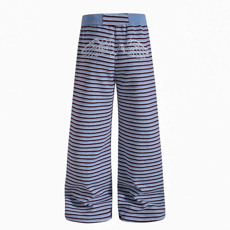 Yiaknis Wide-Leg Striped Sweatpants, Wing Print, Blue and Beige Stripes