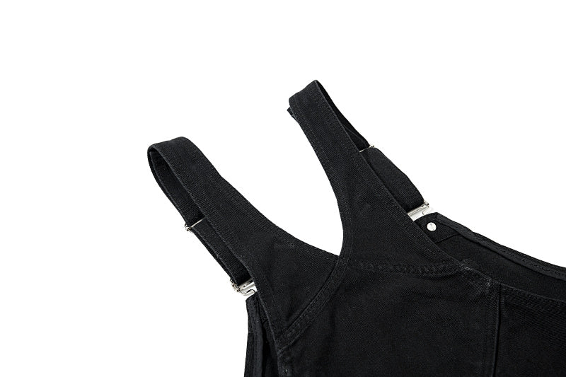 Yiaknis Wide-Leg Denim Overalls, Bib and Cargo Pockets, Dark Blue and Black – photo 7