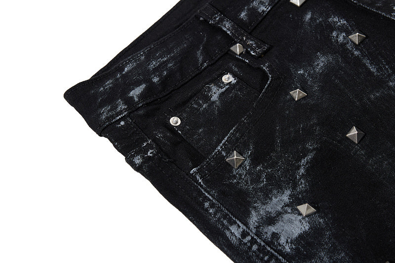 Yiaknis Black Washed Flared Jeans with Leg Studs
