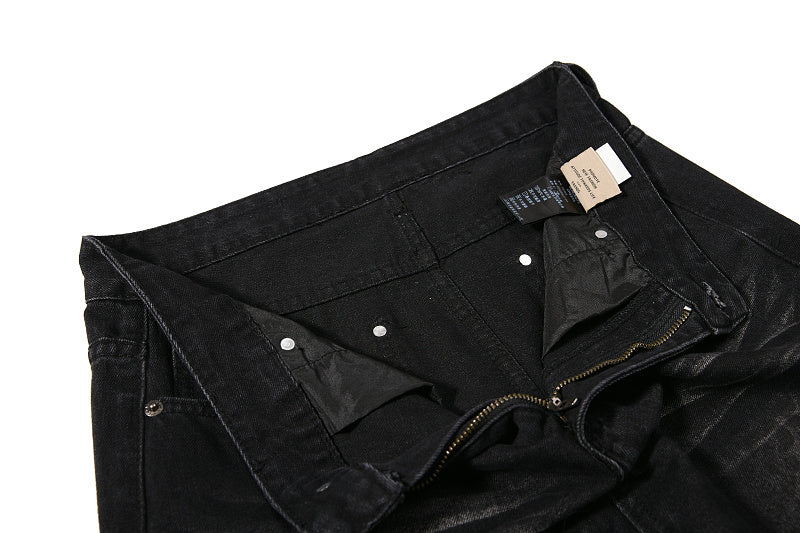 Yiaknis Black Washed Flared Jeans with Leopard Pattern, Black