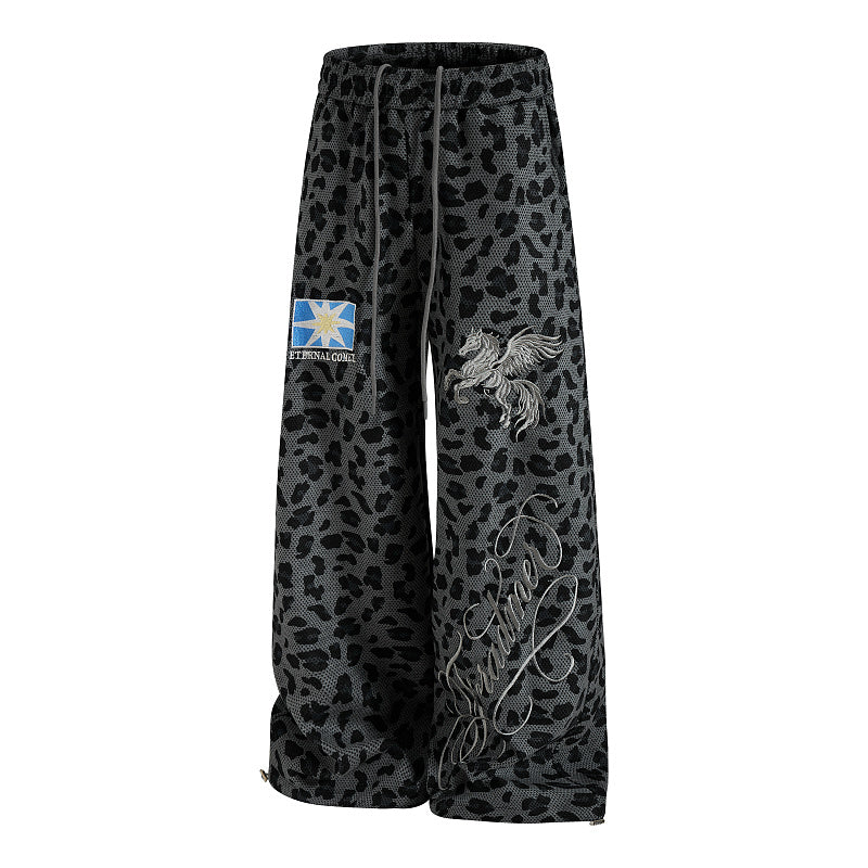 Yiaknis Leopard Print Sweatpants, Embroidered Patch, Grey and Blue