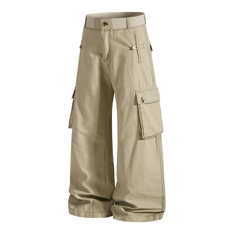 Yiaknis Khaki and Dark Grey Wide-Leg Cargo Trousers with Elastic Back Waist – photo 7