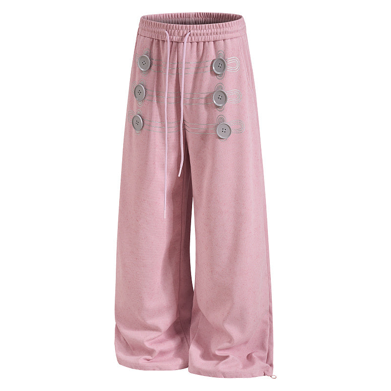 Yiaknis Wide-Leg Sweatpants with Button and Line Print, Pink and Blue