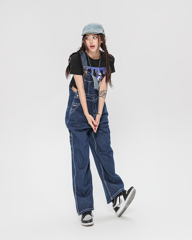 Yiaknis Wide-Leg Denim Overalls, Adjustable Straps, Blue and Black