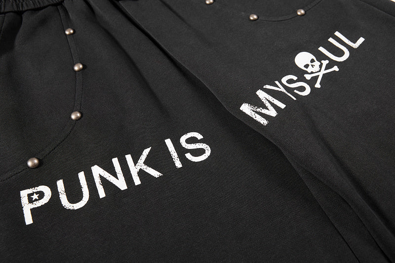 Yiaknis Wide-Leg Sweatpants with Punk Letter Print and Studs, Black