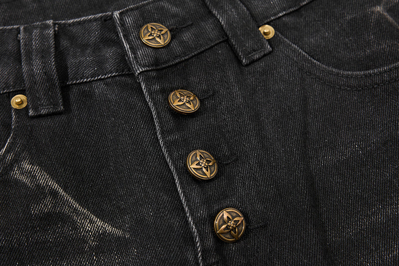 Yiaknis Black Washed Flared Jeans with Lace-Up Legs