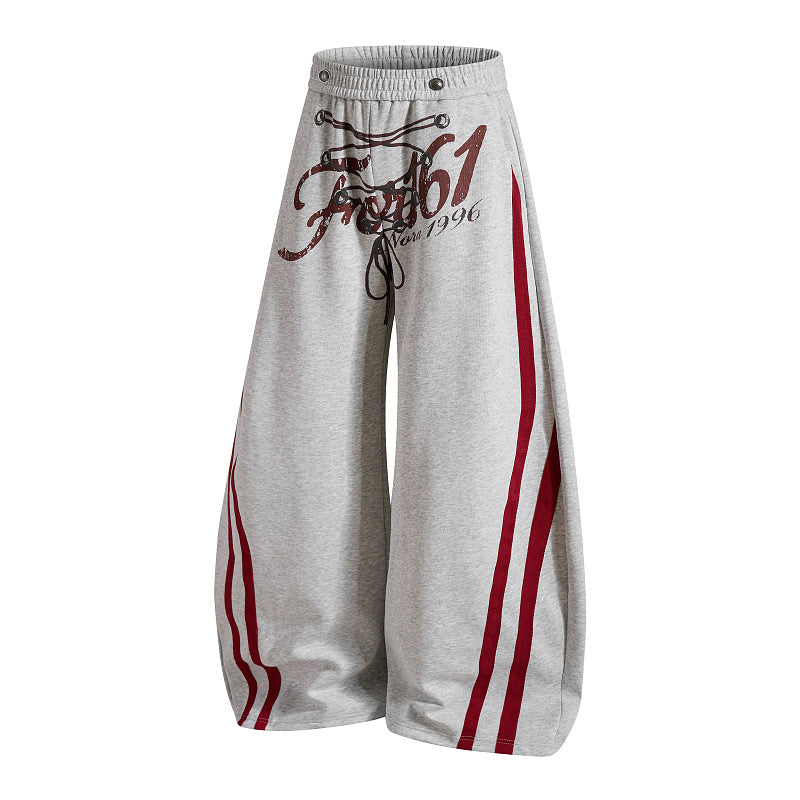 Yiaknis Wide-Leg Sweatpants, Red Side Stripes, Light Grey and Black