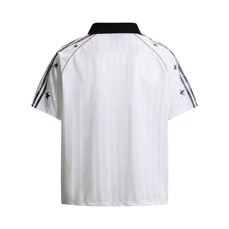Yiaknis Men's Black and White V-Neck Polo Shirt, Script and Flag Print – photo 7