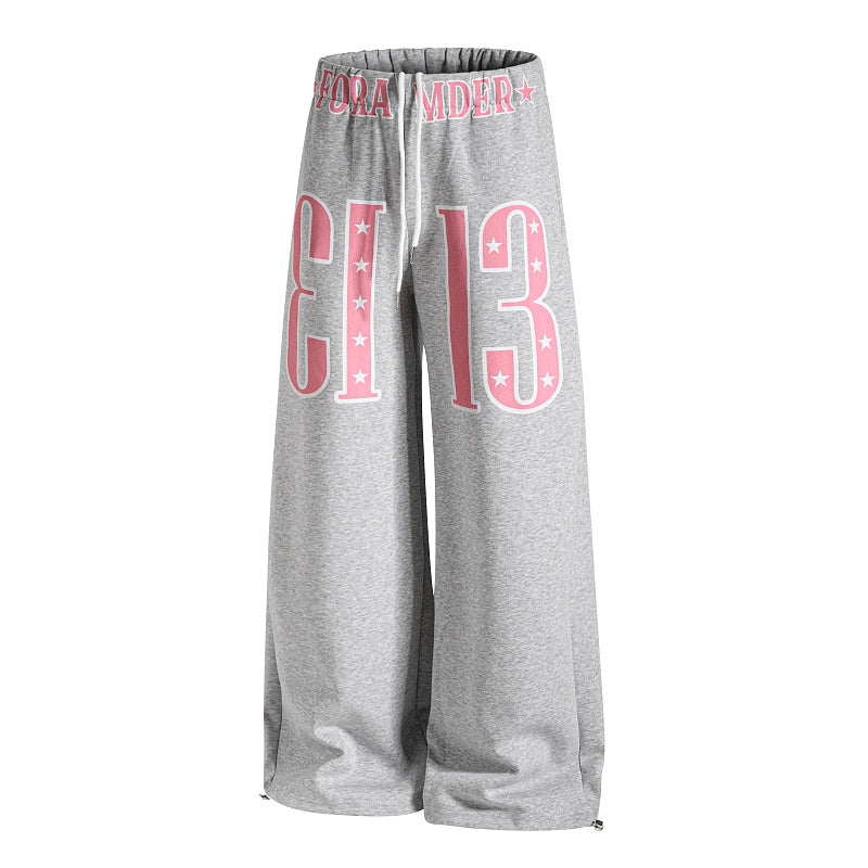 Yiaknis Wide-Leg Sweatpants with Large 13 Print, Light Grey and Blue