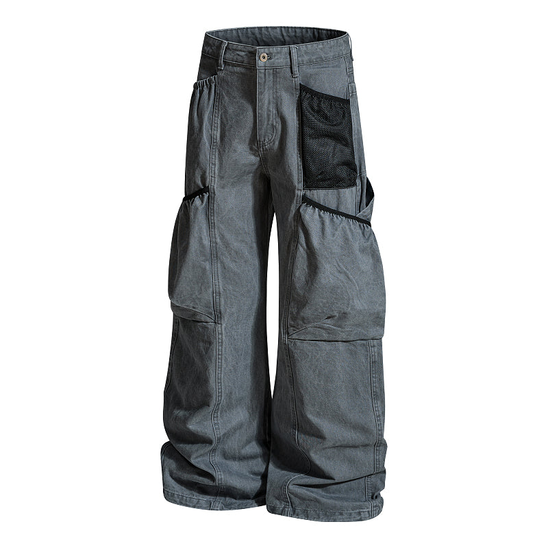 Yiaknis Wide-Leg Cargo Trousers with Mesh Pocket, Dark Grey and Blue – photo 7