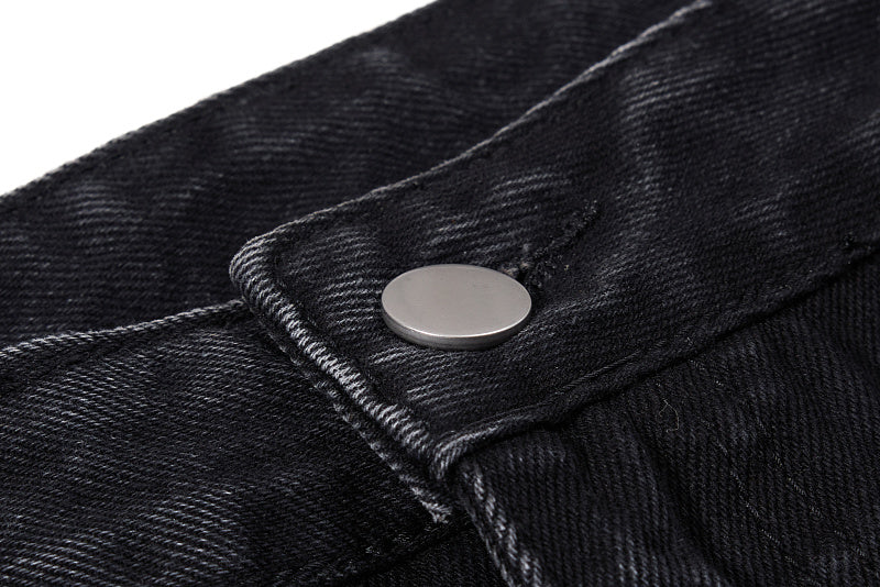 Yiaknis Black Washed Flared Jeans with Button Side Straps, Black