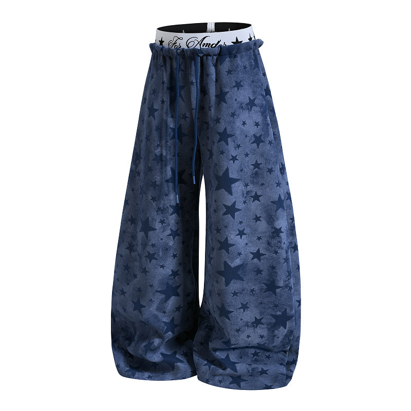 Yiaknis Wide-Leg Star Print Sweatpants, Script Print, Blue and Black