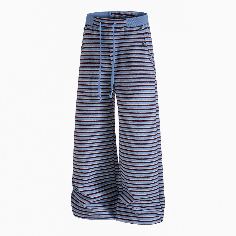 Yiaknis Wide-Leg Striped Sweatpants, Wing Print, Blue and Beige Stripes