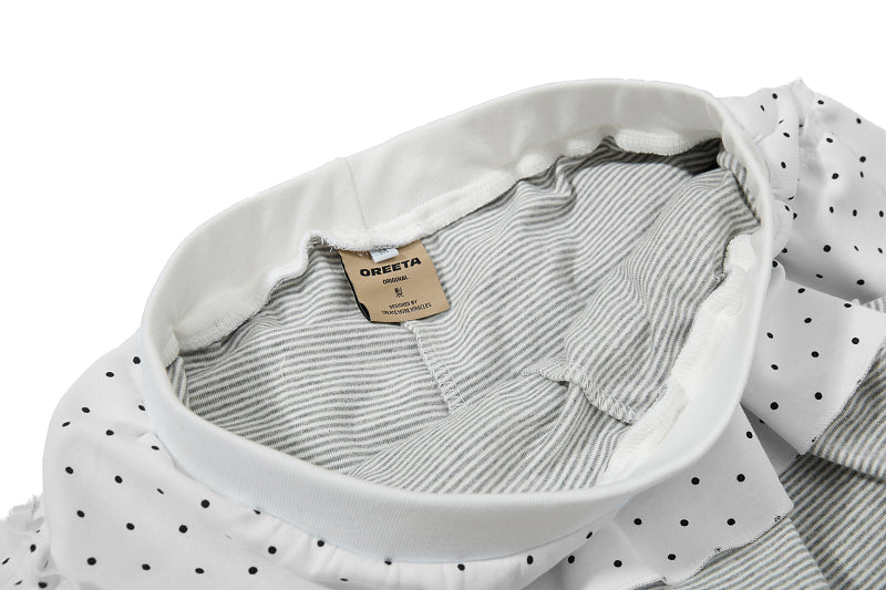 Yiaknis Polka Dot Mini Skirt, Grey Striped Underskirt, White and Grey