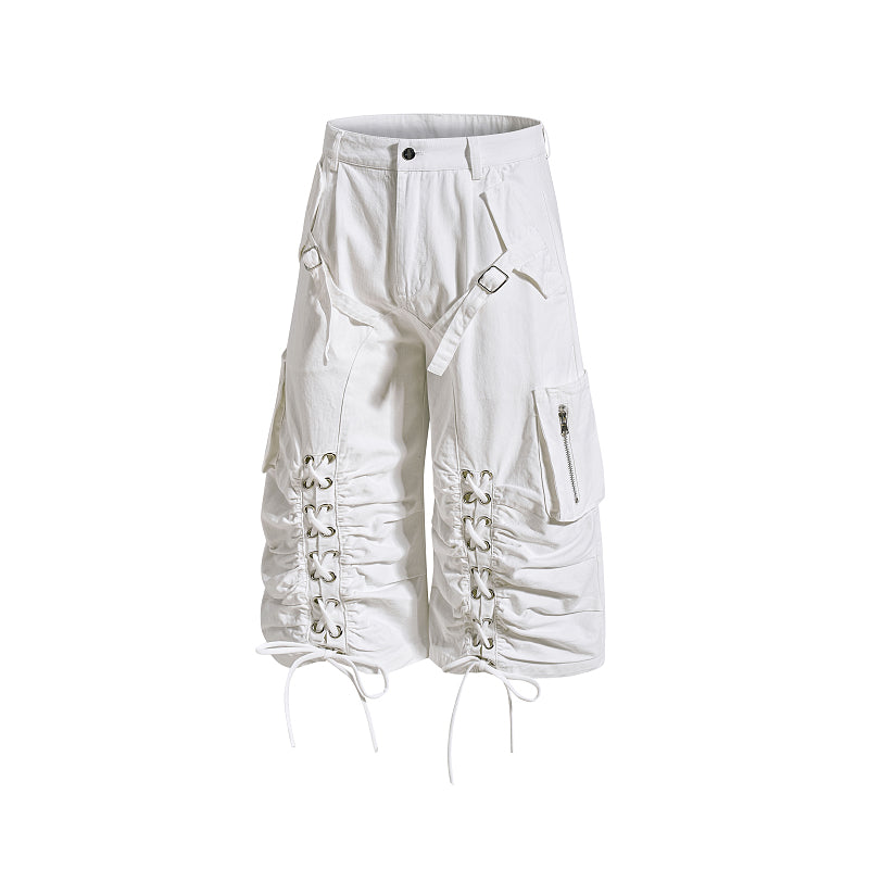 Yiaknis Wide-Leg Cropped Cargo Trousers, Lace-Up Legs, Off White and Black – photo 7