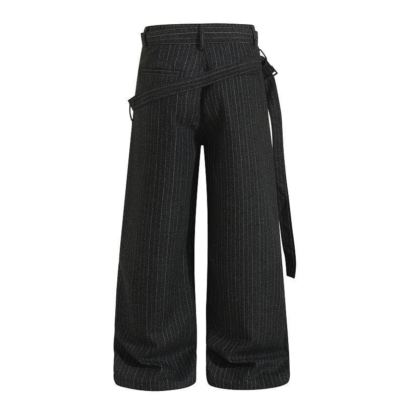 Yiaknis Black and Light Grey Pinstripe Wide-Leg Trousers, Belt Strap