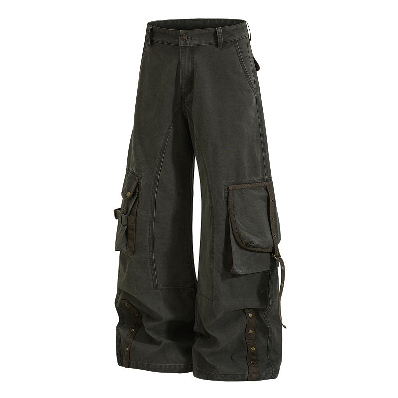 Yiaknis Wide-Leg Cargo Trousers, Pocket Straps, Dark Green and Khaki – photo 7