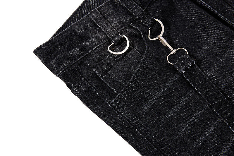 Yiaknis Black Washed Flared Jeans with Buckle Straps