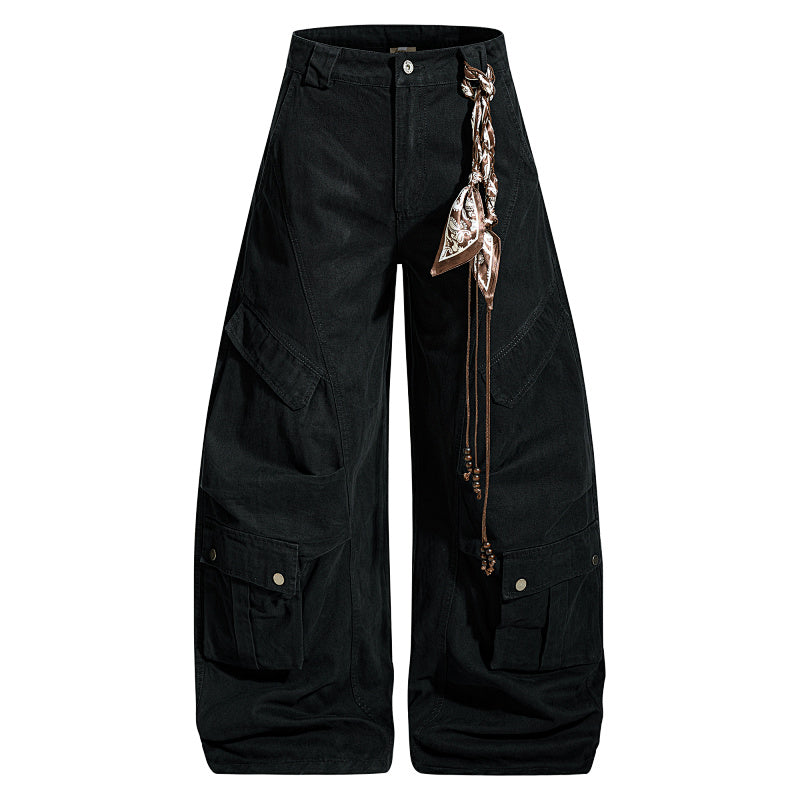 Yiaknis Wide-Leg Cargo Trousers, Snap Pockets, Dark Green and Black – photo 7