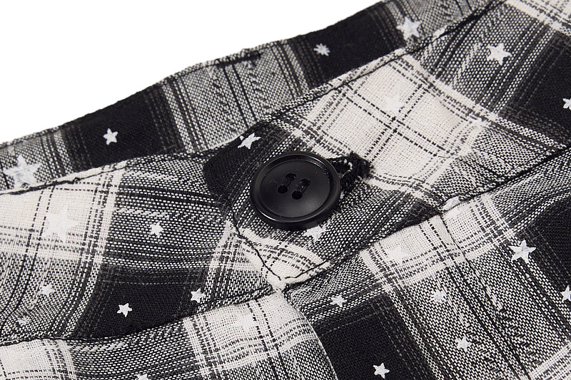 Yiaknis Black and White Plaid Wide-Leg Cropped Trousers, Star Print