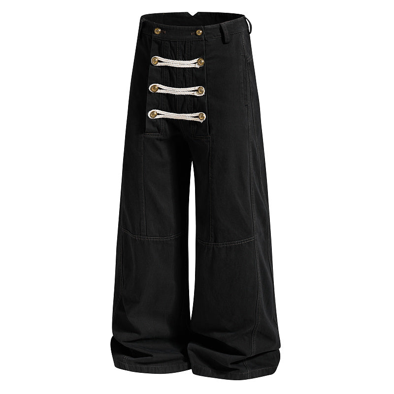 Yiaknis Wide-Leg Trousers with Rope Front Lacing, Black and Beige – photo 7