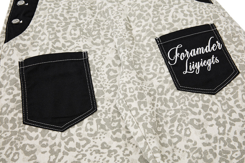 Yiaknis Leopard Print Overalls with Black Bib and Adjustable Straps