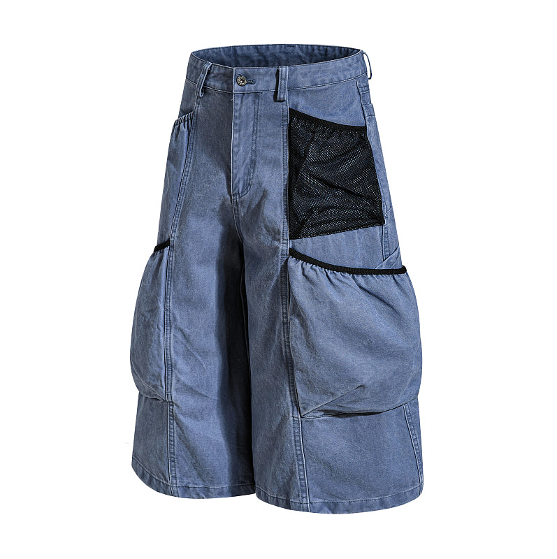 Yiaknis Wide-Leg Cropped Cargo Trousers, Mesh Panel, Blue and Grey – photo 7