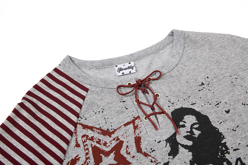 Yiaknis Graphic Raglan T-Shirt, Lace-Up Neck, Grey and White – photo 8
