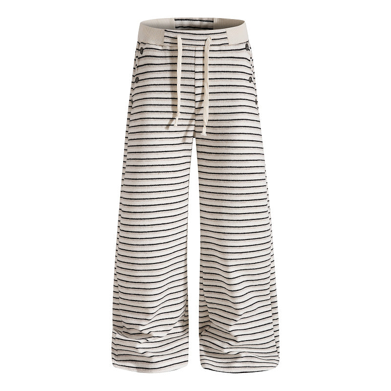 Yiaknis Wide-Leg Striped Sweatpants, Wing Print, Blue and Beige Stripes
