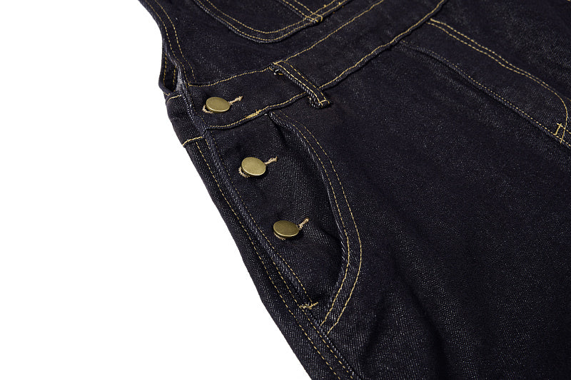 Yiaknis Denim Overalls with Leopard Print Pocket Trim - Dark Denim