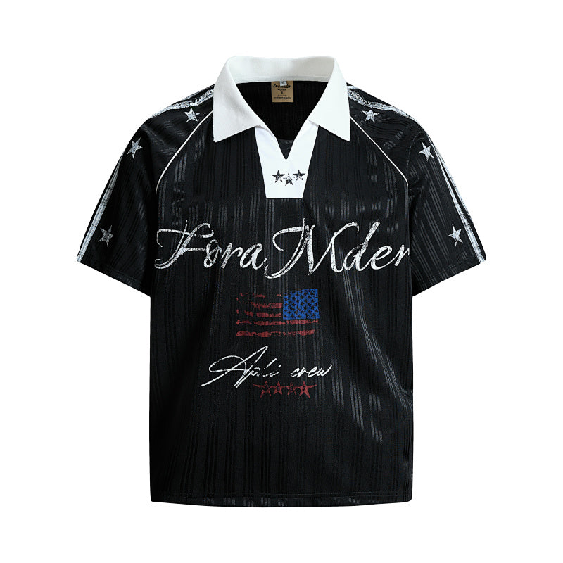Yiaknis Men's Black and White V-Neck Polo Shirt, Script and Flag Print – photo 8