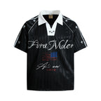 Yiaknis Men's Black and White V-Neck Polo Shirt, Script and Flag Print – photo 8