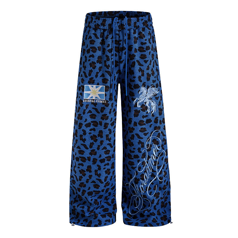 Yiaknis Leopard Print Sweatpants, Embroidered Patch, Grey and Blue