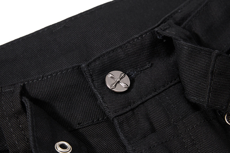 Yiaknis Black Flared Jeans with Buckle Leg Straps