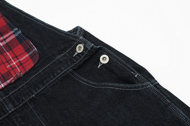 Yiaknis Dark Denim Overalls with Red Plaid Pockets and Cuffs