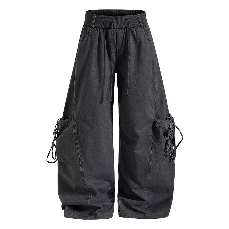 Yiaknis Baggy Wide-Leg Trousers, Drawstring Waist, Khaki and Dark Grey – photo 8